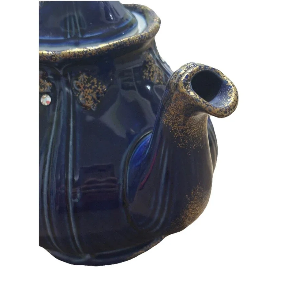Rare Hall China Cobalt Blue Rhinestone Gold Teapot 6 Cup USA Vintage 01043